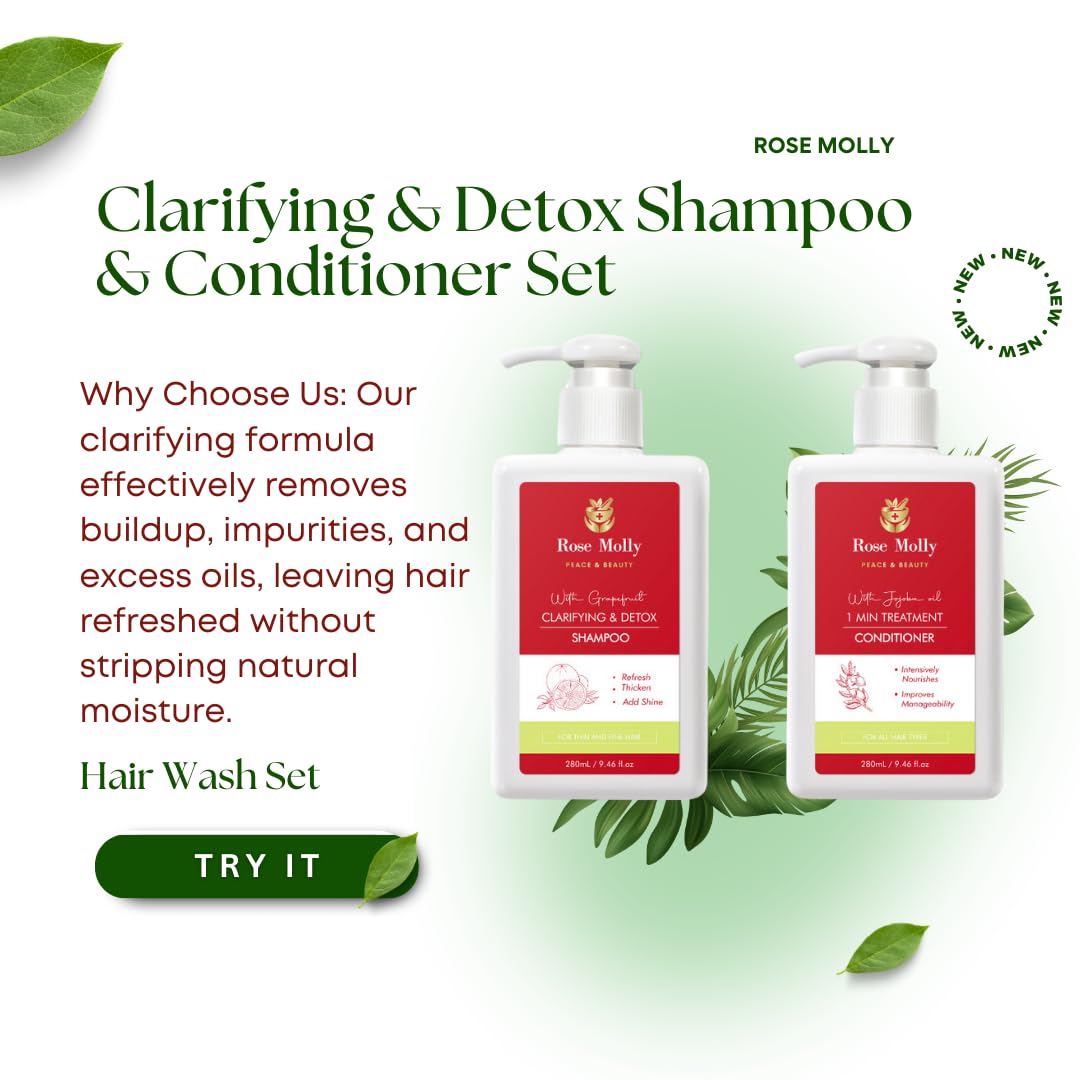 Rose Molly White Grapefruit Clarifying & Detox Shampoo, 1 Min Treatment Conditioner Set, 9.46 fl oz