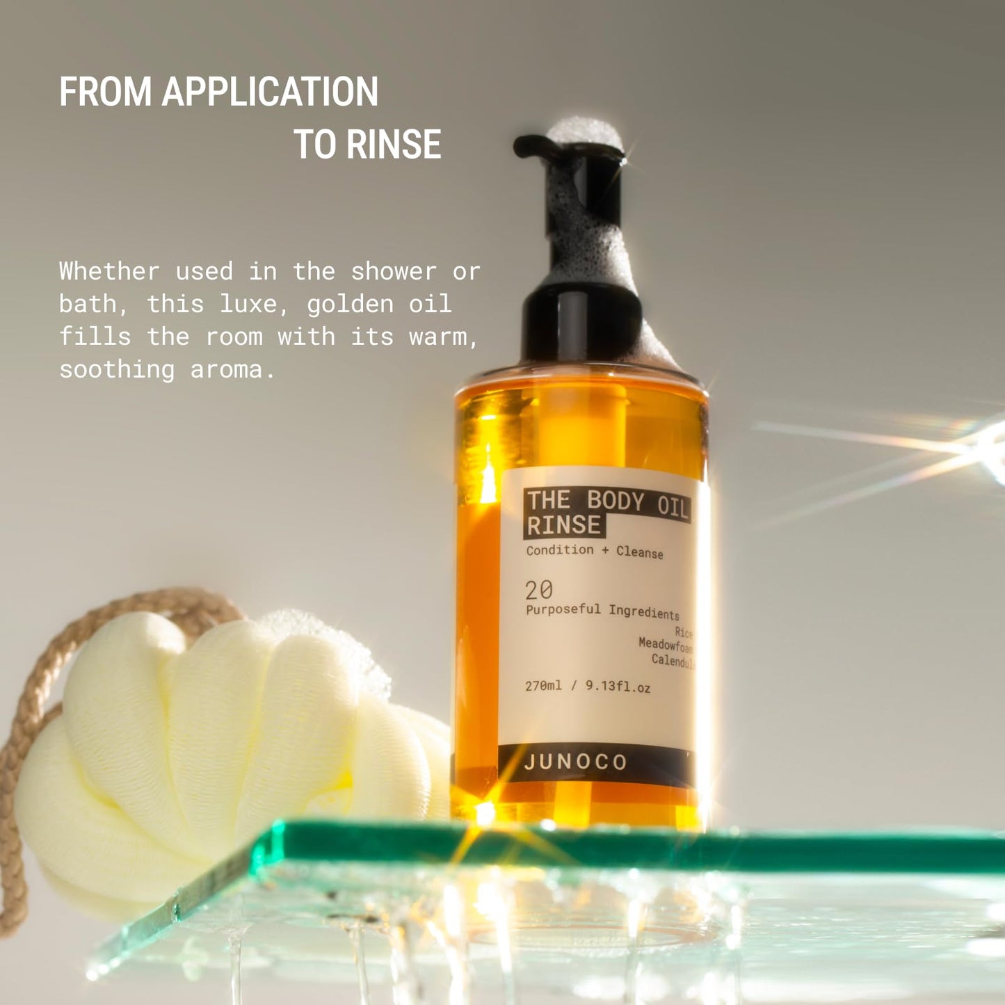 JUNO & Co. Body Oil Rinse Shower Cleanser, Hydrating Wash with Rice Bran, Meadowfoam Seed & Calendula, Softening & Balancing for Dry or Sensitive