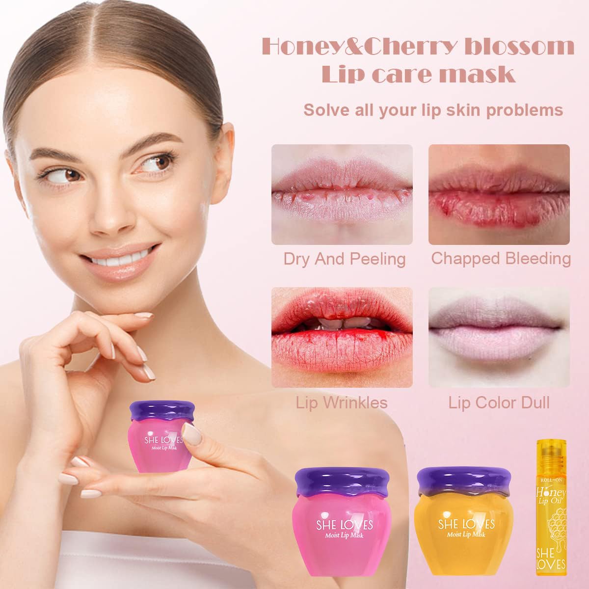 2PCS Lip Mask Overnight, Honey&Sakura Day and Night Repair Sleeping Lip Balm, Fade Lip Lines Bee Balm, Hydrating &Prevention Dry and Crack Lip Scrubs
