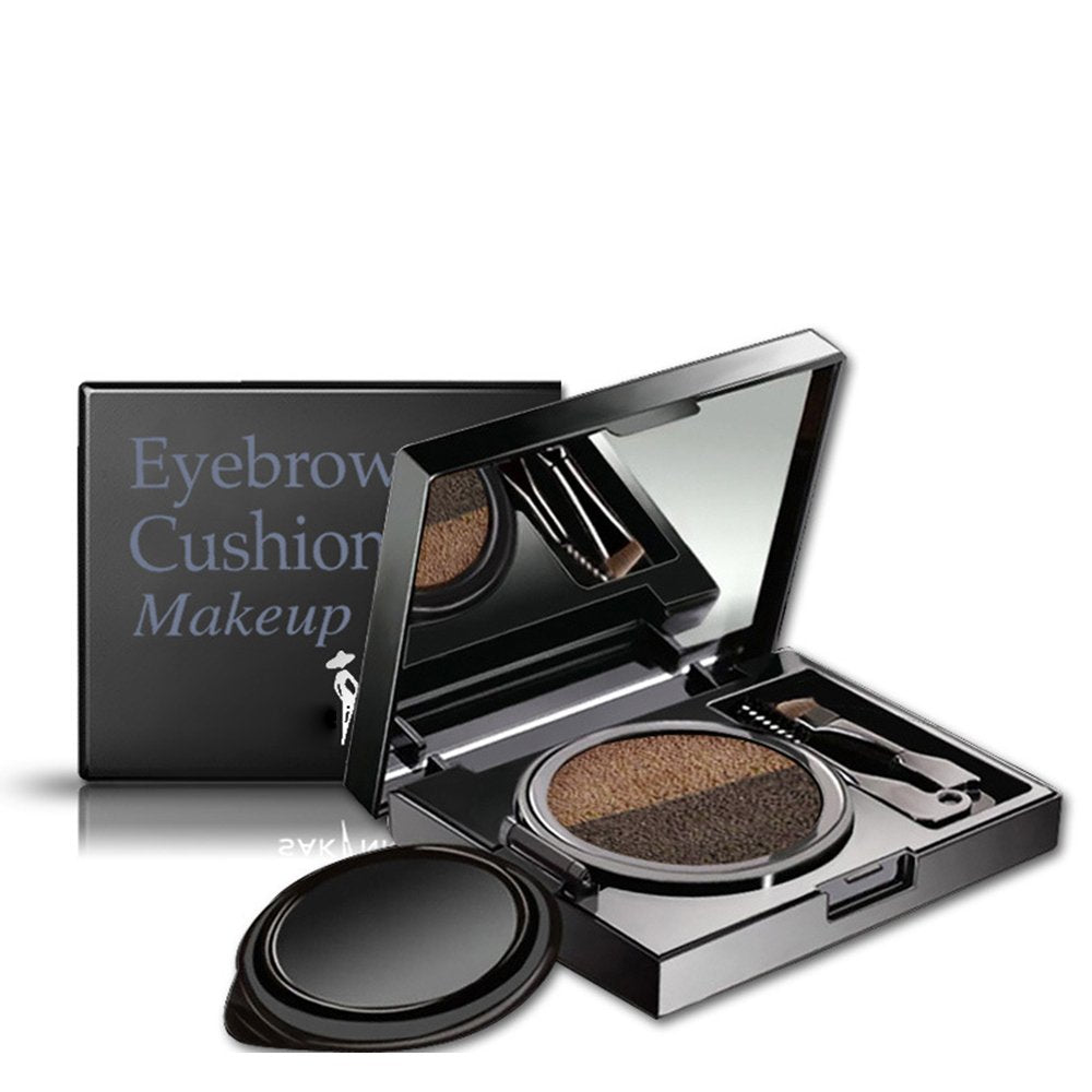 2 Colors Waterproof Air Cushion Eyebrow Cream Powder Makeup with Duo 2 End Eyebrow Brushes (Dark Brow Set)