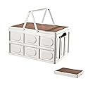 VPTMRP Collapsible Storage Bin with Handles and Wooden Lid, Large Capacity Stackable Utility Crates Holds 33lbs for Outdoor Home Storage Organizing…
