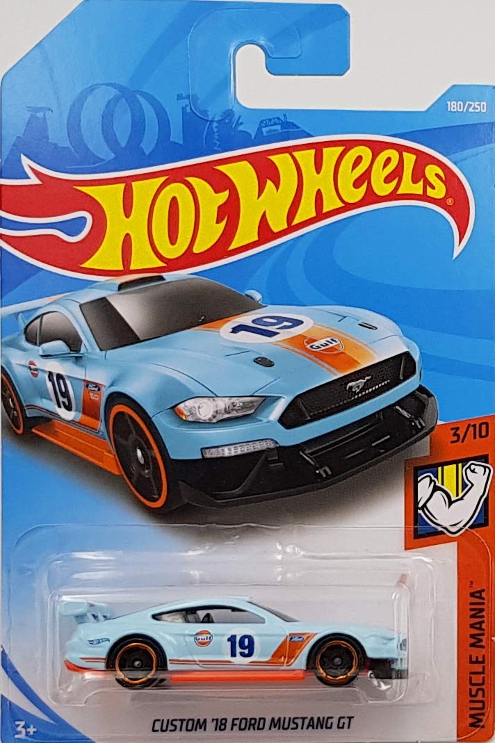 Hot Wheels 2019 Muscle Mania Custom '18 Ford Mustang GT 180/250, Light Blue and Orange