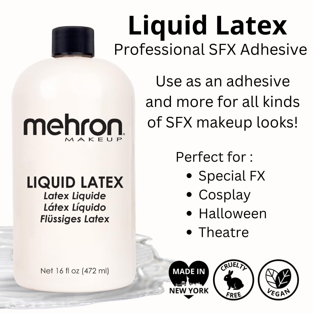 Mehron Makeup Liquid Latex | SFX Makeup | Halloween Latex Makeup | Latex Glue for Skin | Prosthetic Glue 16 fl oz (473 ml) ) (Clear) | Made in the USA