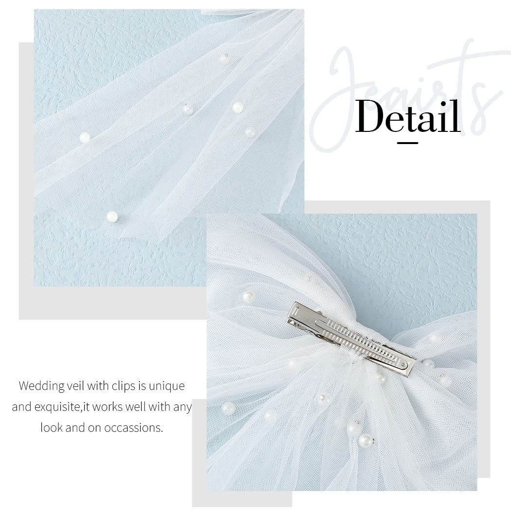 JEAIRTS Bridal Hair Bow Veil Pearl Wedding Hair Piece White Tulle Bow with Clip Bachelorette Party Hair Accessories for Women