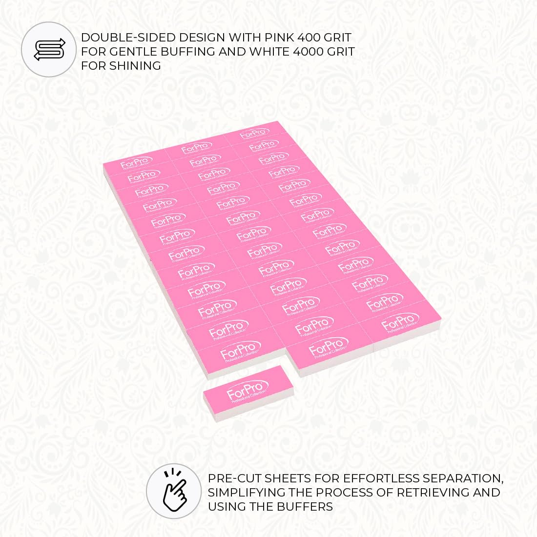 ForPro Professional Collection Sparkle Mini Buffer Sheet, Pre-Cut, Double-Sided Manicure & Pedicure Nail Buffers, Pink 400/White 4000 Grit, 39-Count