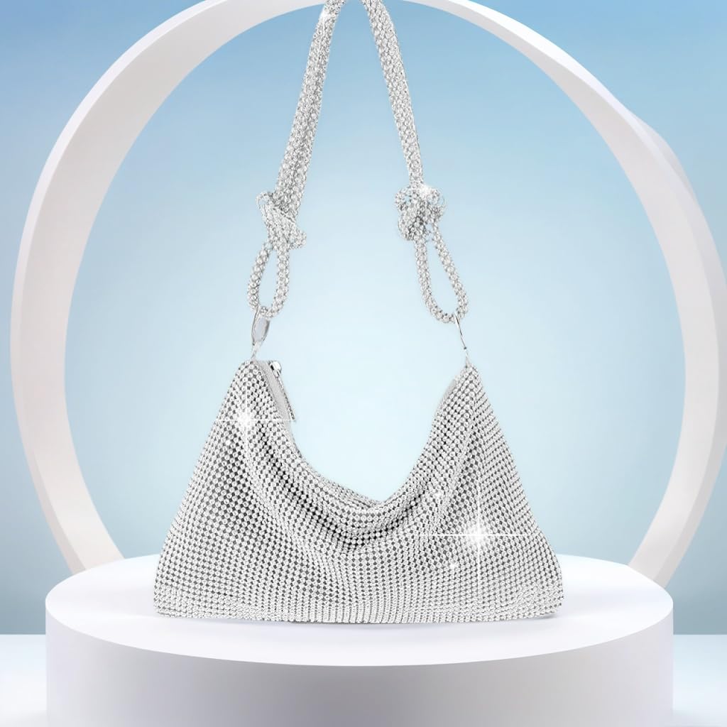 QLBO Silver Purse Rhinestone Purse Silver Clutch Sparkly Bag 10.2"×0.4"×6.69"