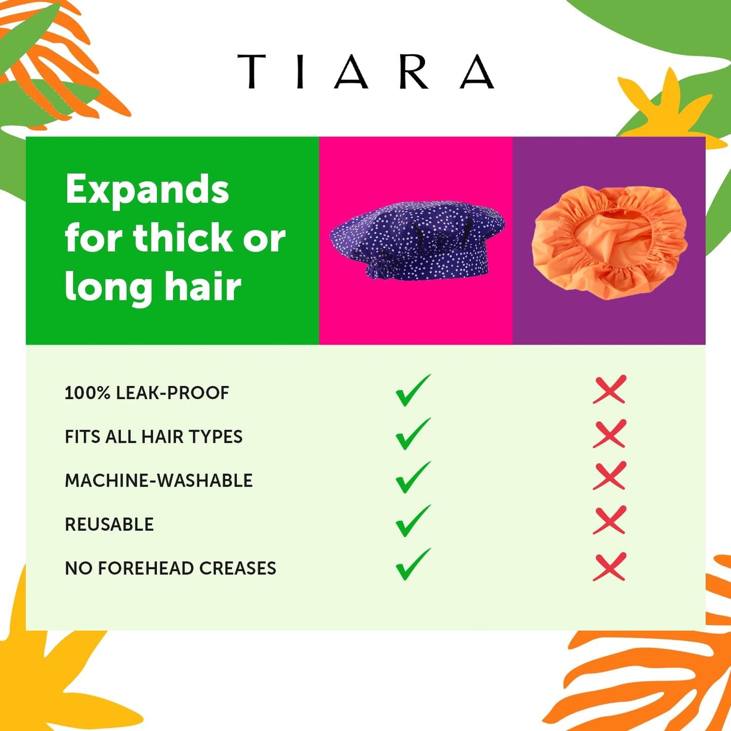 TIARA Reusable Waterproof Shower Cap for Women - Large Shower Cap for Long Thick Hair, Reversible Deep Conditioning Hair Cap, Soft Terry Lined