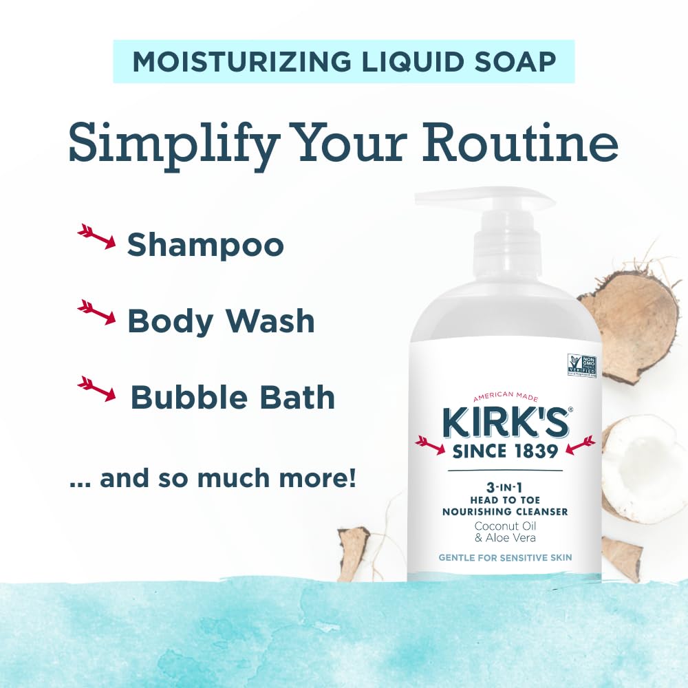 Kirk's Fragrance Free 3-in-1 Nourishing Cleanser, Shampoo Body Wash Bubble Bath, Coconut Oil and Aloe Vera, Vegan Non-GMO, 32 Fl Oz, Pack of 2