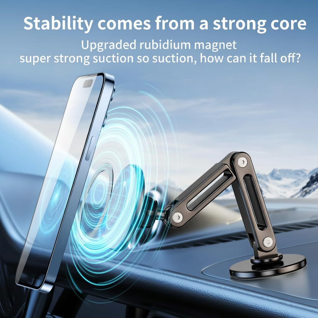 Car Phone Holder, Aluminum Alloy Car Phone Mount with Magnetic Suction, 360degree Rotation, Stable Phone Stand for Tesla Model 3/Y Accessories, Cell…