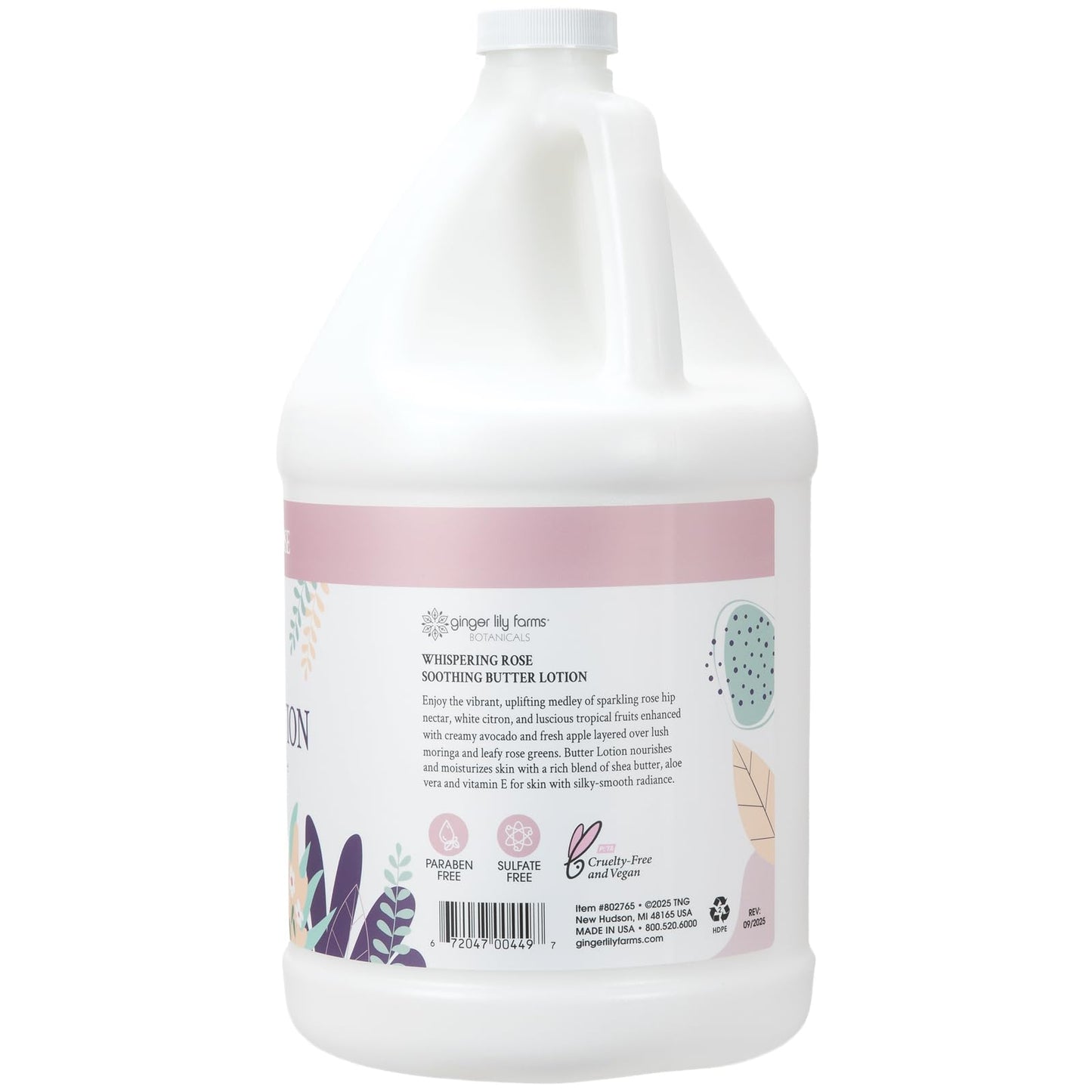 Ginger Lily Farms Botanicals Soothing Butter Lotion for Dry Skin, 100% Vegan & Cruelty-Free, Whispering Rose Scent, 1 Gallon (128 fl oz) Refill