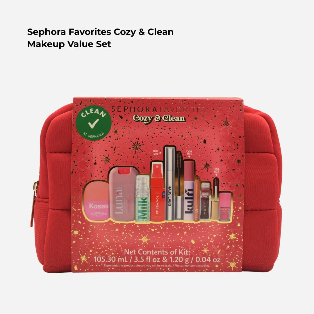 Sephora Cozy & Clean Makeup Holiday Gift Set - 9 Clean Beauty Essentials with Lip, Primer, Mascara & Skincare
