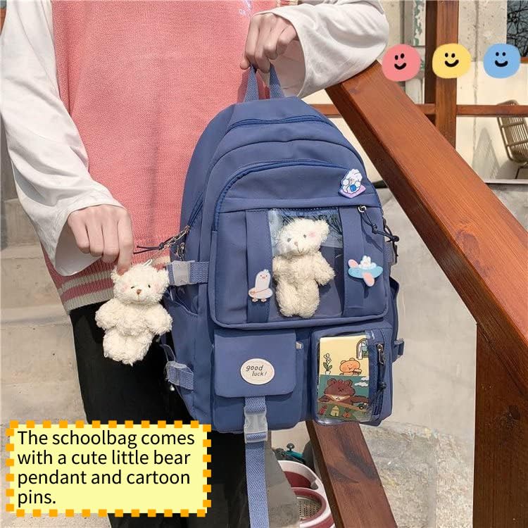 School Backpack for Teen Girls Back to School Aesthetic Cute Adorable Lovely with Pin and Cute Accessory (Blue)