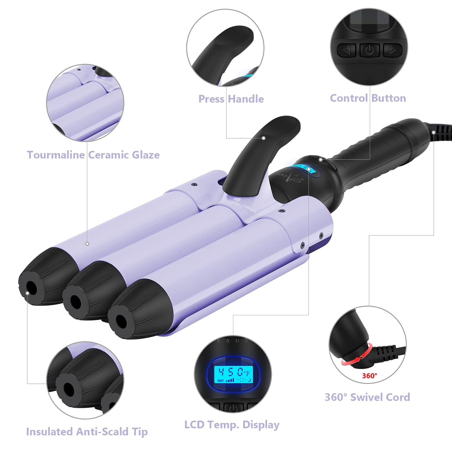 32mm (1.25") Mermaid Beach Waves Curling Iron, Aima Beauty Hair Waver 3 Barrel, Mermaid Big Wave Waver Iron with Adjustable Temperature, Durable