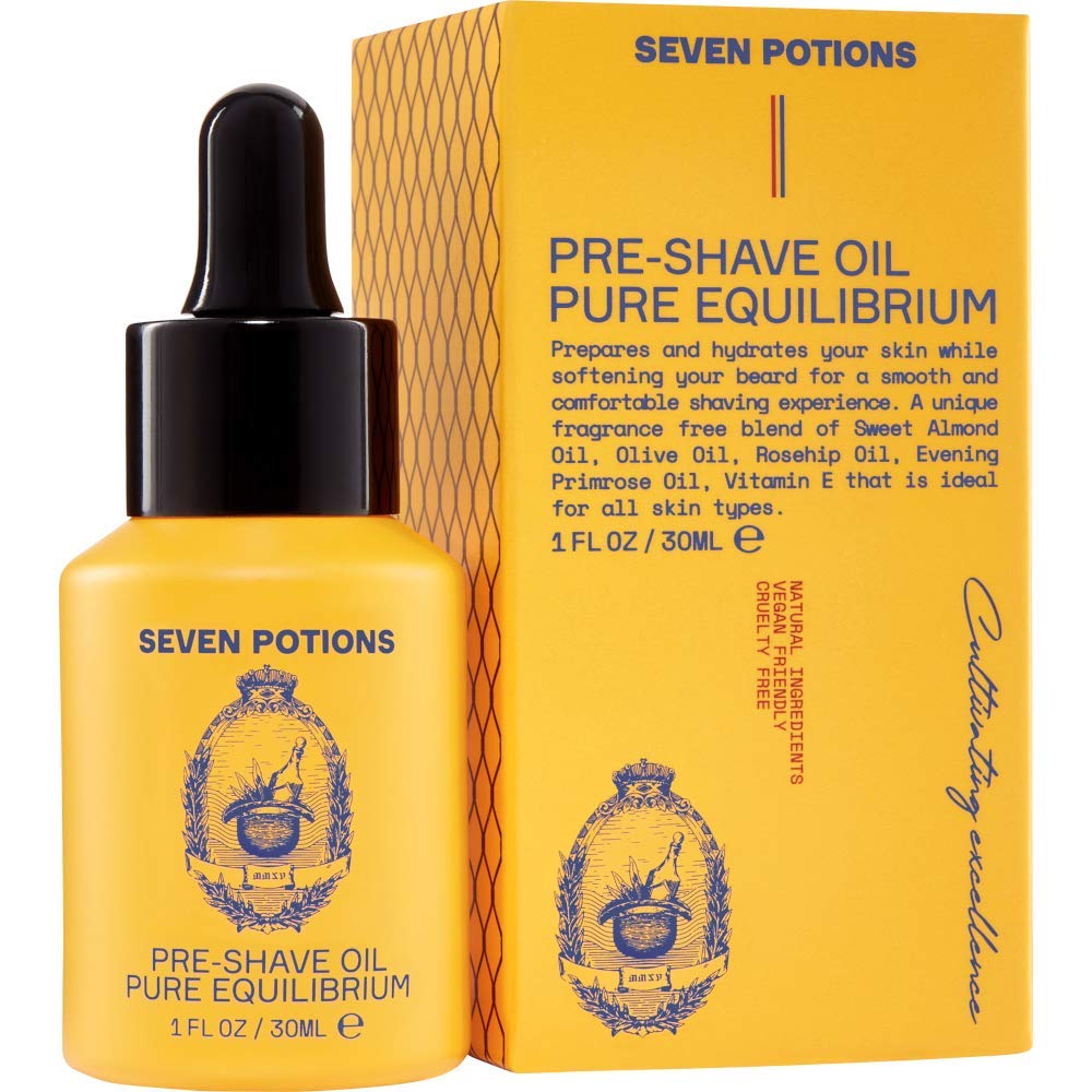 Seven Potions Pre-Shave Oil For Men - Ideal for Sensitive Skin, Helps Prevent Irritation, Lubricates and Protects Face - Natural, Vegan, Cruelty Free