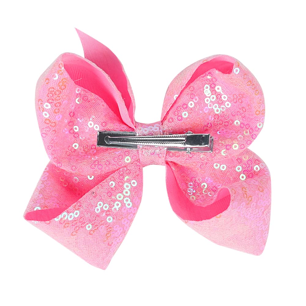 AMYDECOR 6 Inch Pink Sparkly Glitter Sequin Hair Bows for Girls Toddlers Kids Children Teenage (2PCS)