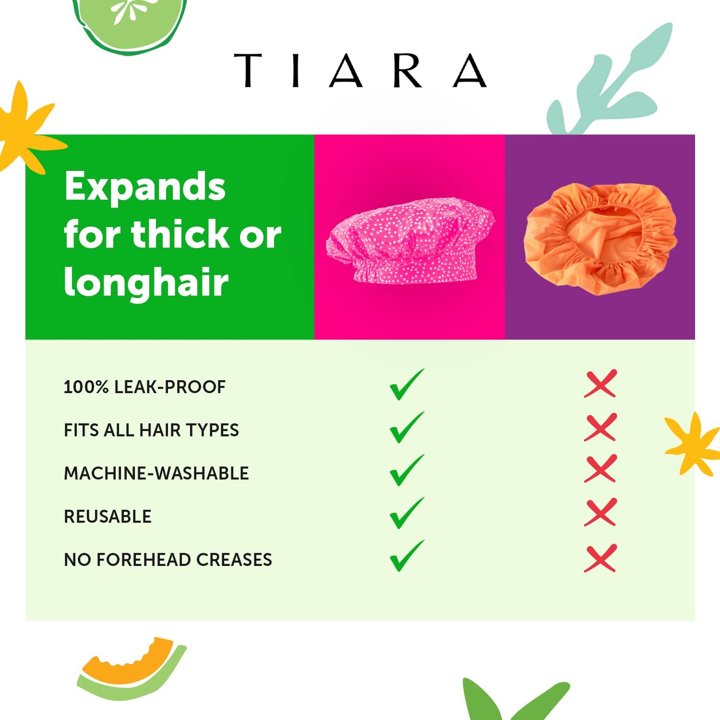 TIARA 2-in-1 Luxury Shower Cap for Women Reusable Waterproof - Hair Cap for Long & Short Hair - All Size Fit Flexi Shower Cap, Terry Lined Leakproof