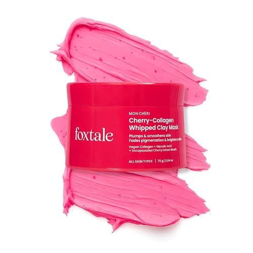 FoxTale Cherry-Collagen Whipped Clay Mask | Vegan Collagen + Glycolic Acid + PHA + Cherry Beads | Hydrates, Plumps & Firms Skin | Detoxifies Pores