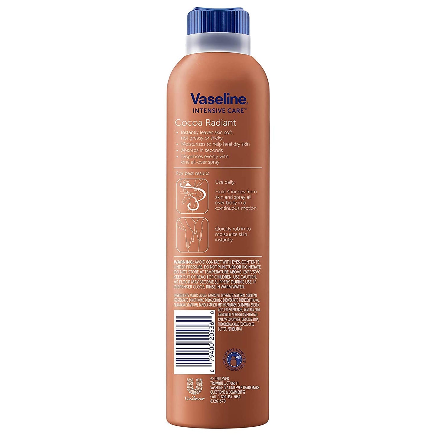 Vaseline Cocoa Radiant Body Lotion Spray, Fast-Absorbing with Pure Cocoa Butter, 6.5 oz