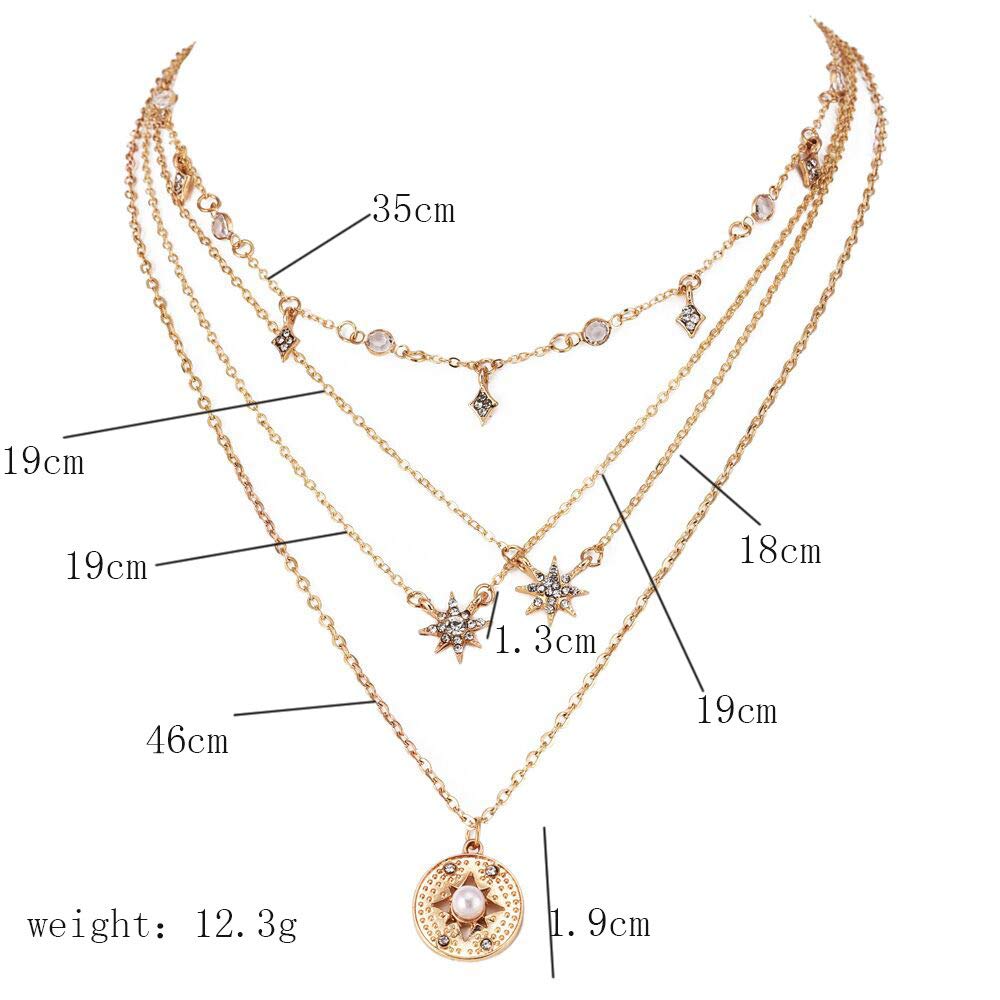 DoubleNine Multilayer Necklace Sun Star Golden Crescent Pendant Gold Medal Sequins Women Crystal Necklace Layered Delicate Collar Women Girls Bride
