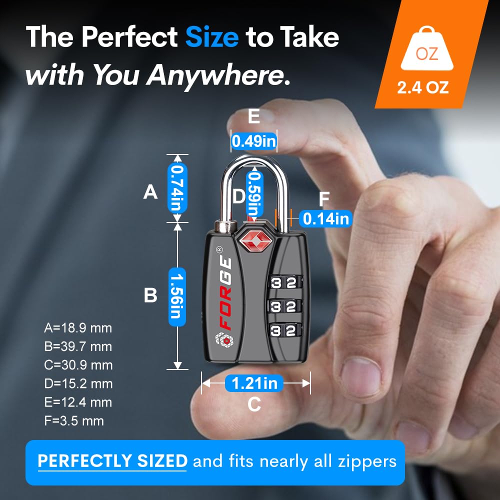 Forge TSA Luggage Combination Lock - Open Alert Indicator, Easy Read Dials, Alloy Body- Ideal for Travel, Lockers, Bags (Black 4PK)