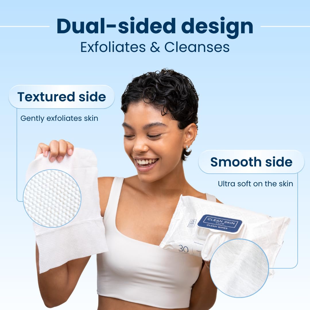 Clean Skin Club Clean Wipes, XL Makeup Remover Face Wipes, Textured Cleansing Facial Wipes for Sensitive Skin, Hypoallergenic, Fragrance-Free, Vegan