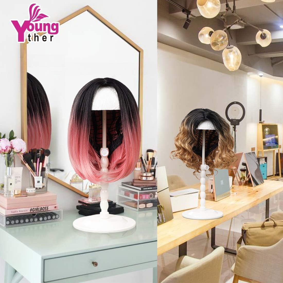 Youngther 2Pcs Wig Stand Adjustable Height Hat Display Portable Folding Wig Head Holders Plastic Wig Stand for Styling Wig Hair Drying Display(2 PCS
