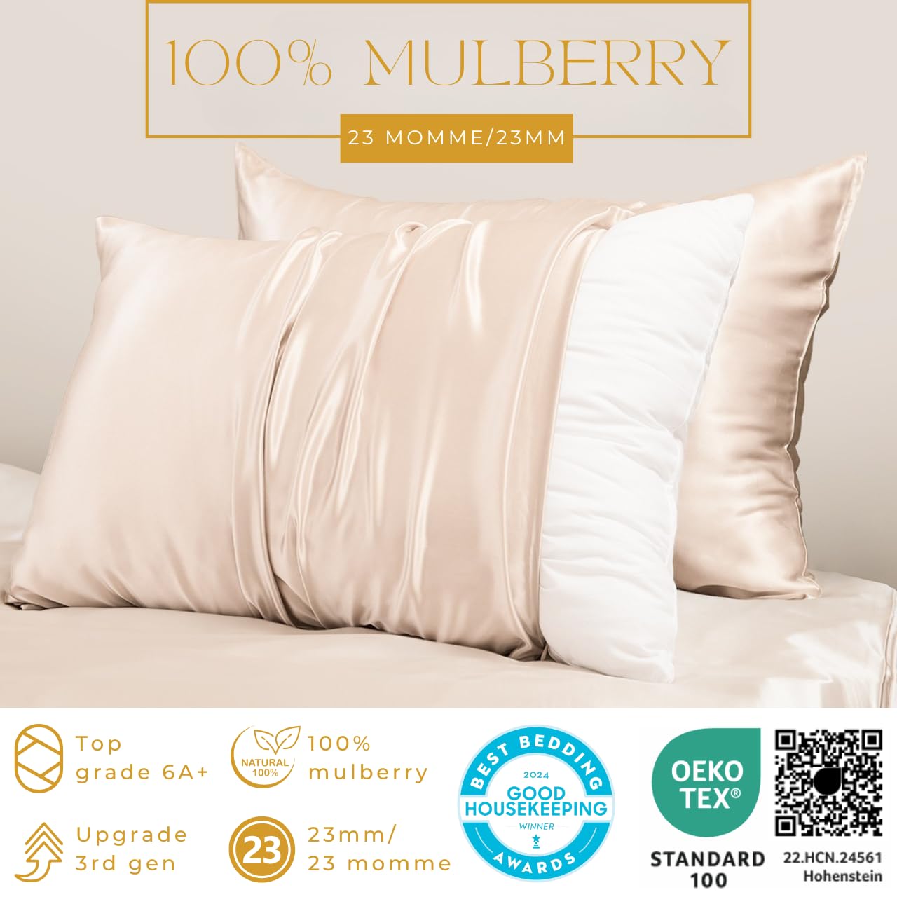 PROMEED 100% Mulberry Silk Pillowcase for Hair and Skin, Both Sides 23 Momme Grade 6A+ Silk Pillow Case with Hidden Zipper, 1400 TC, Soft & Smooth