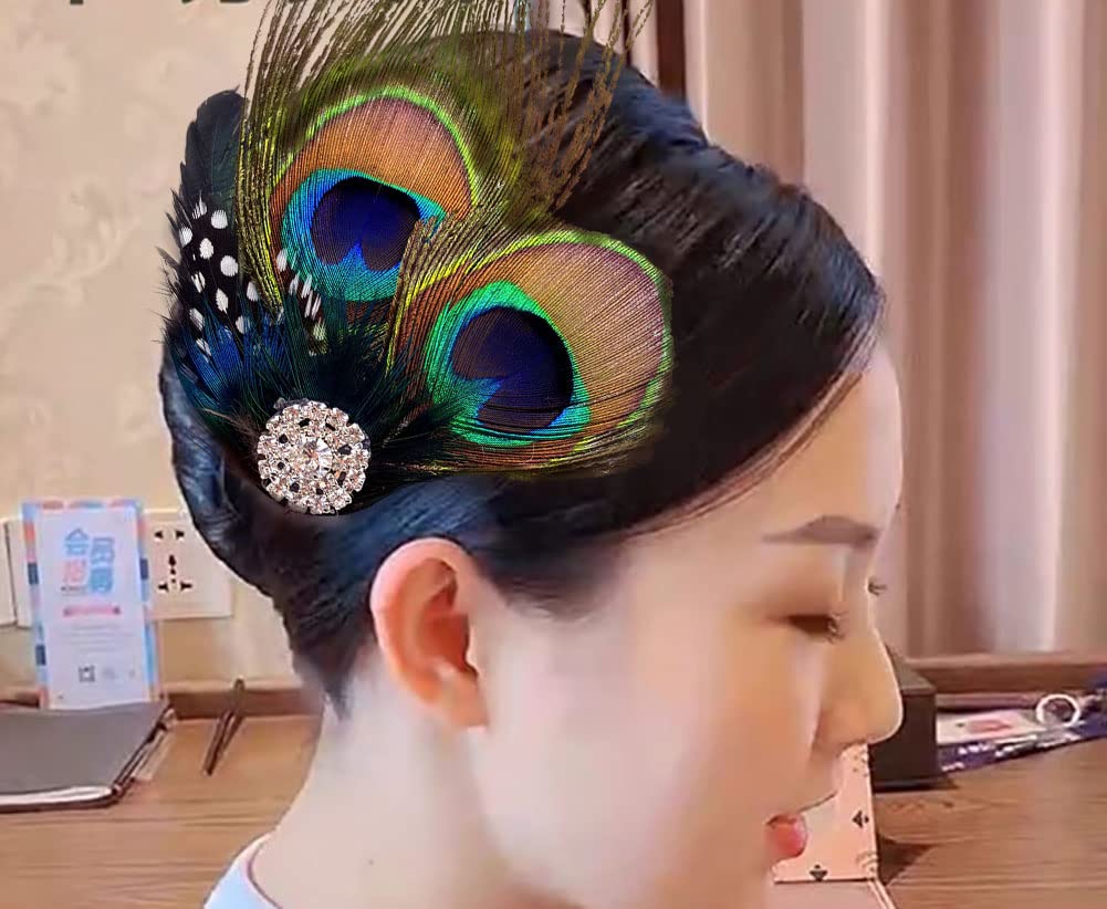 Aliotech Beautiful Butterfly Peacock Feather Hair Clip Pins with Rhinestones,Feather Hair Clip Pin Bridal Wedding Dance Party Hair Accessory