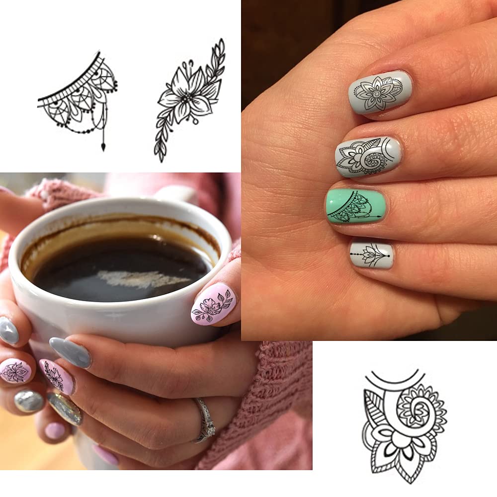 13 Sheets Black Nail Stickers Boho Retro Nail Decals Black Nail Tattoos Water Transfer Nail Decals Nails Supply Necklace Jewelry Feather Nail Design