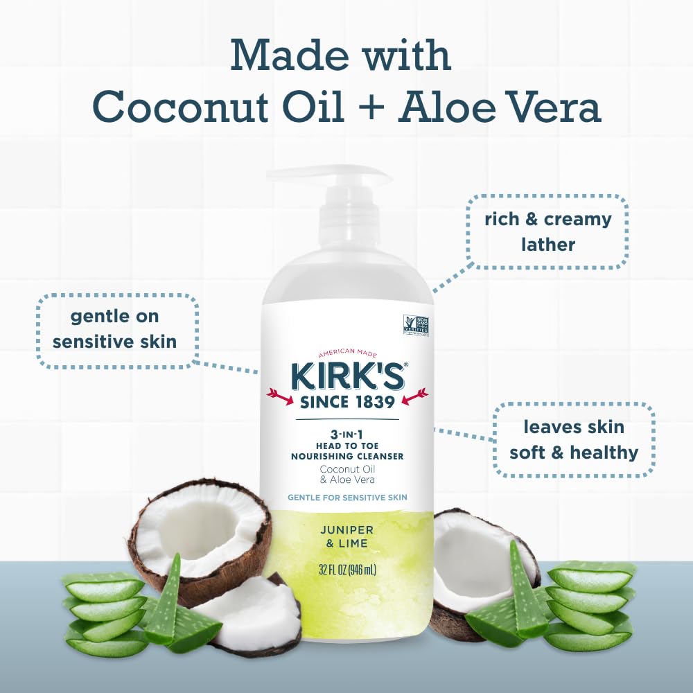 Kirk's Juniper & Lime 3-in-1 Nourishing Cleanser and Travel Bar Soap, Shampoo Body Wash Bubble Bath, Coconut Oil and Aloe Vera, Vegan Non-GMO, 32 Fl