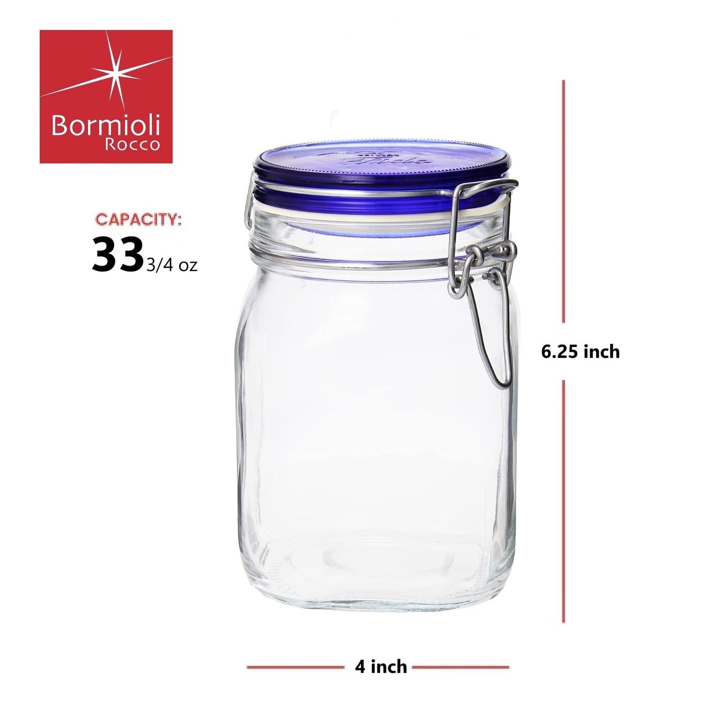 Bormioli Rocco Fido Collection, 2 Pack, 33¾ Oz. Food Storage Glass Jars, Airtight Rubber Seal & Glass Lid, With Stainless Wire Clamp, Made In Italy.
