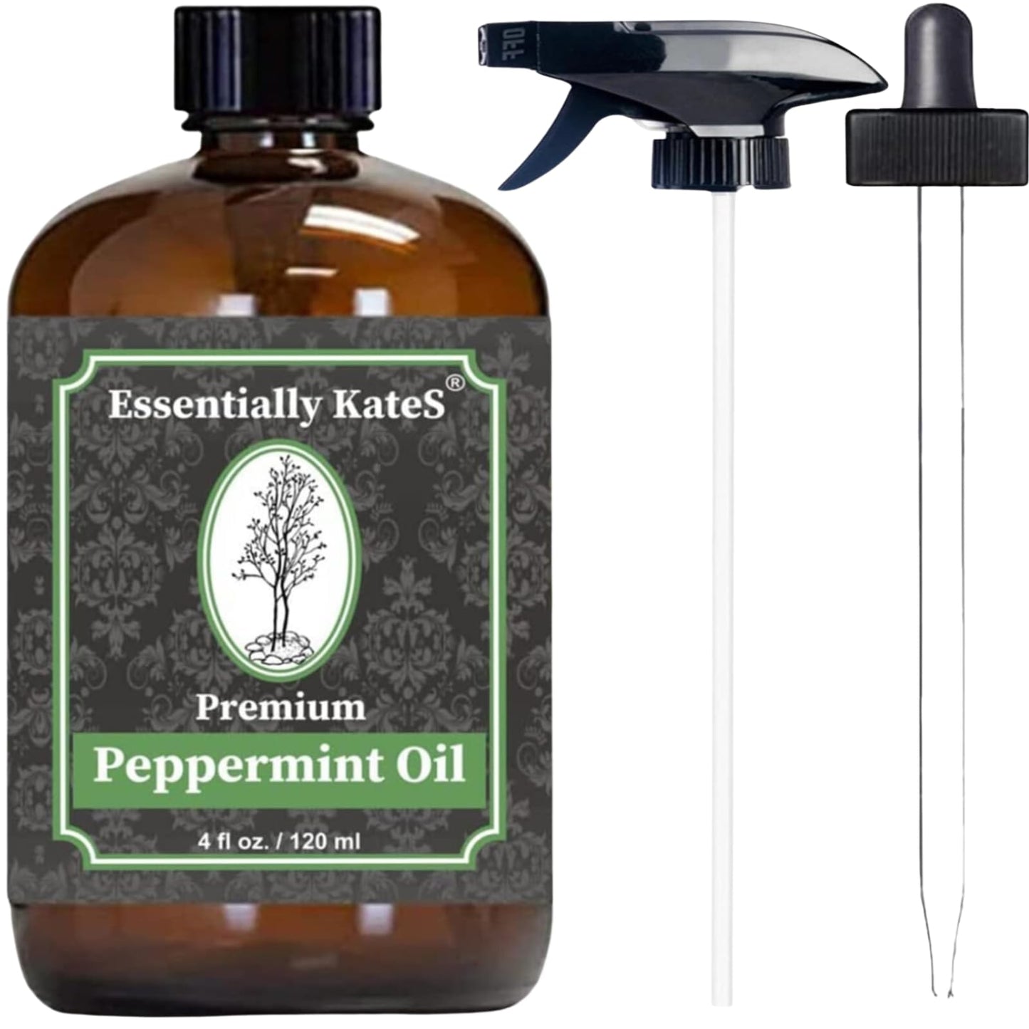 Peppermint Essential Oil 4 oz. with Huge Glass Bottle, Glass Dropper, and Sprayer. Detailed User's Guide E-Book. Skin Care, Garden Care, and Hair