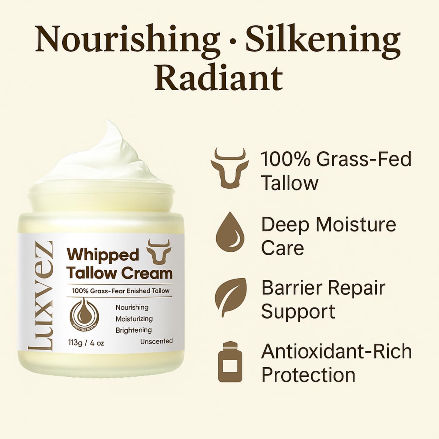 Luxvez Beef Tallow Cream for Skin: Grass-Fed Whipped Tallow Balm with Squalane Jojoba Oil - All Natural Skincare Whipped Moisturizer for Face & Body