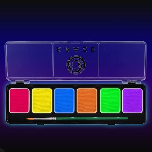 Kraze FX 6 Color Neon Face& Body Paint Palette (6 gram) with Brush - Water Activated, Professional UV Glow Blacklight Reactive Face Painting Kit
