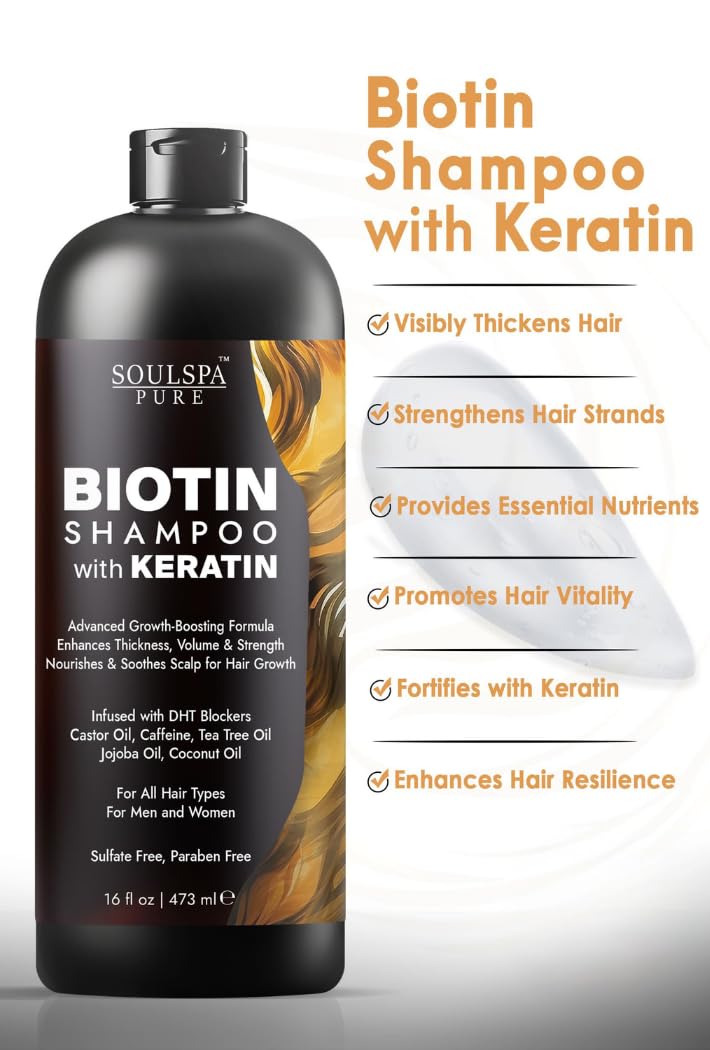 SOULSPA PURE Biotin Shampoo with Keratin - Advanced Anti-Thinning, Hair Growth & Repair Formula - Soothes Scalp, with Tea Tree Oil & DHT Blockers
