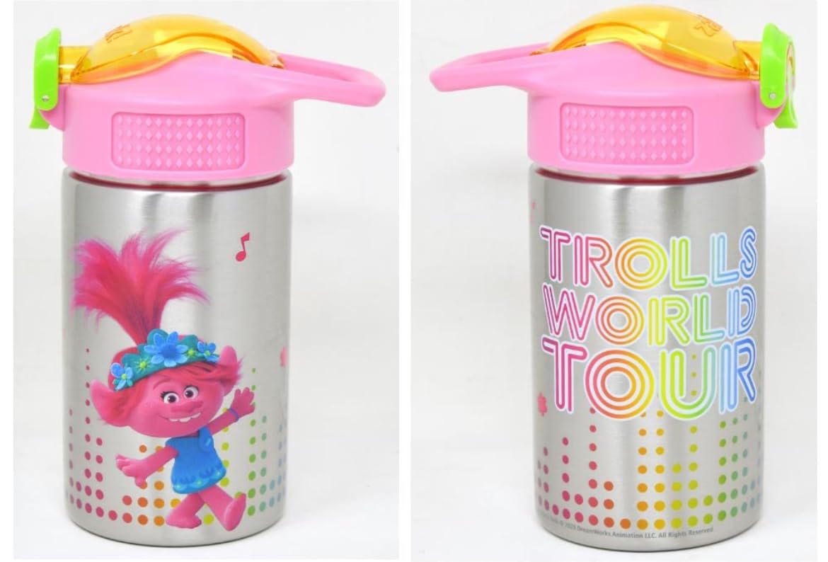Zak Designs Trolls 2 -Stainless Steel Water Bottle with One Hand Operation Action Lid and Built-in Carrying Loop, Kids Water Bottle with Straw Spout…
