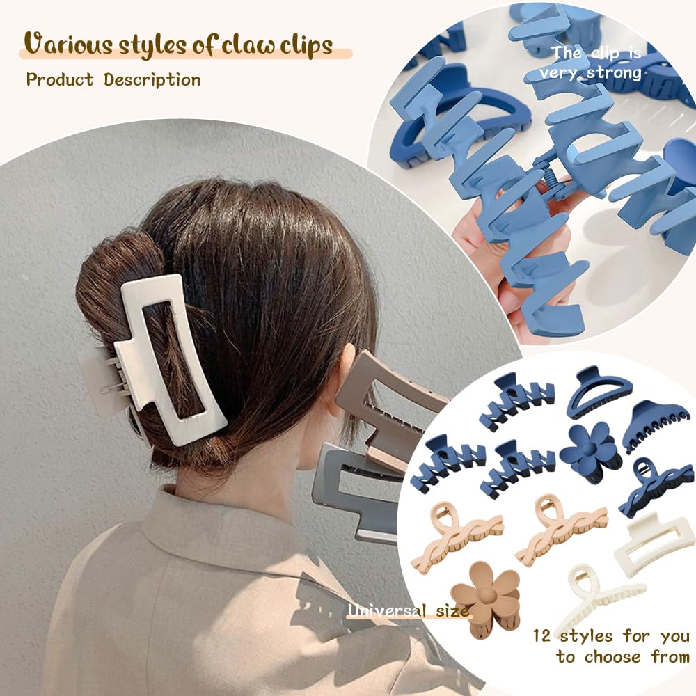 12 Pcs Claw Clips, Multi-Shapes Hair Clips for Women, Non-Slip Large Jaw Claw Clips for Thick Thin Curly Hair Accessories (Blue)