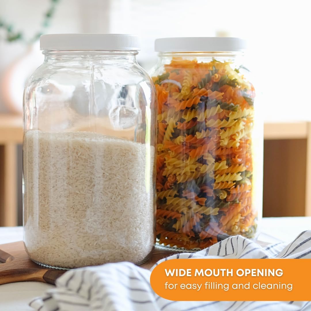 FastRack 1 Gallon Mason Jar with White Airtight Lid (Pack of 4) | Regular Glass Canisters with Airtight Lids | Large Mouth Glass Jar for Food…