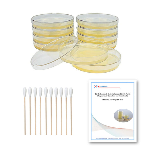 EZ BioResearch Bacteria Science Kit IV – Top Science Fair Project Kit with Pre-poured LB-Agar Plates, Cotton Swabs & Free E-Book with Experiments