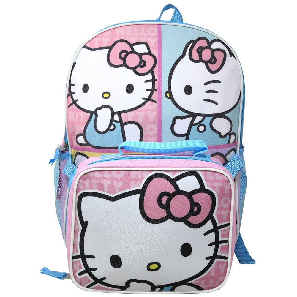 Fast Forward Hello Kitty Kids 16" Backpack with Matching Lunch Box, Pink and Blue, School Bag Set