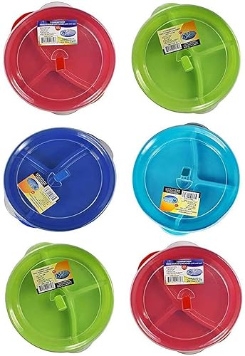 (Set of 6) Microwave Food Storage Tray Containers - 3 Section/Compartment Divided Plates w/Vented Lid