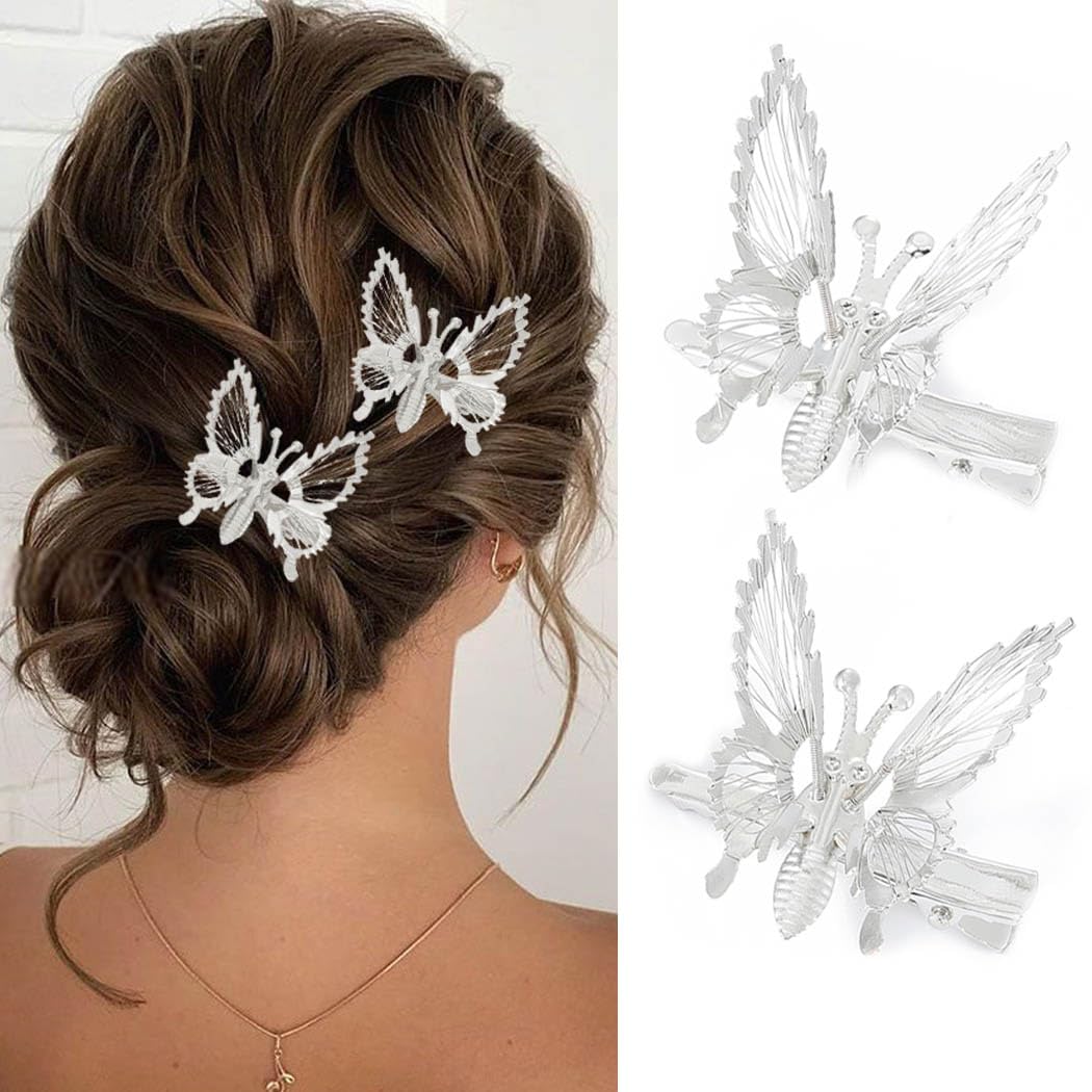 BARTOSI Butterfly Hair Clips Silver Metal Hair Pins Moving Butterfly Hair Accessories for Women and Girls (Pack of 2)