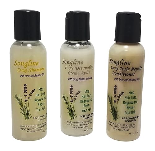 Songline Luxe Hair Care Kit With Emu Oil Enhanced Shampoo, Detangling Cream Rinse and Deep Hair Repair Conditioner - 2 oz Bottle of Each Product