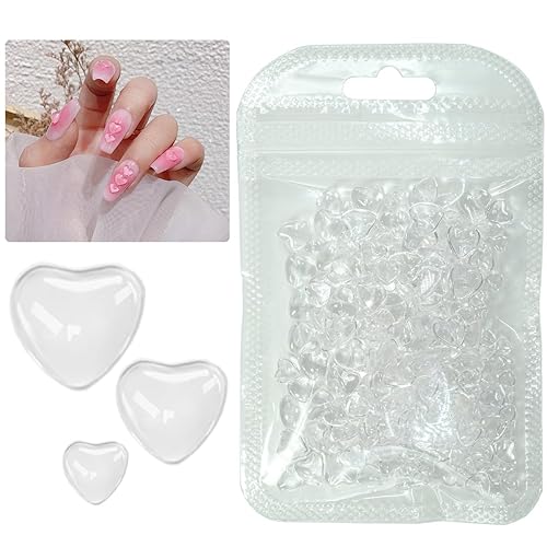 qiipii 300pcs Transparent Heart Nail Charms, 3 Sizes Mixed Size 3D Clear Cute Love Hearts Rhinestones Flatback Resin Crystals Diamonds Nail Art