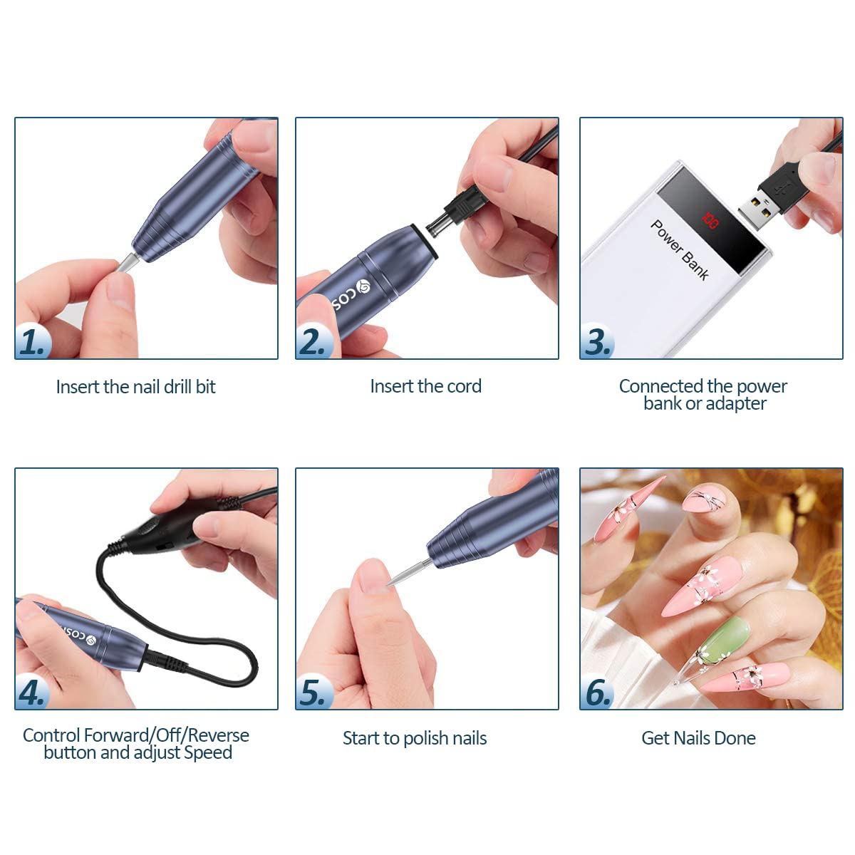 COSITTE Electric Nail Drill,USB Electric Nail Drill Machine for Acrylic Nails,Portable Electrical Nail File Polishing Tool Manicure Pedicure Efile