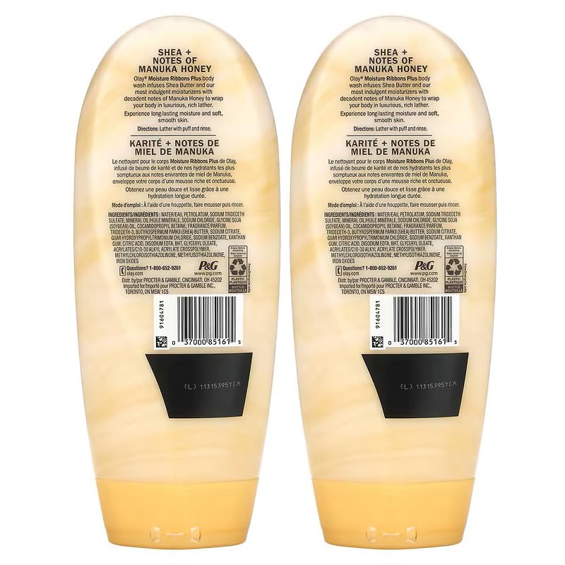 Olay Moisture Ribbons Plus Body Wash with Shea + Notes of Manuka Honey, Long-Lasting Moisture and Soft, Smooth Skin 18 FL OZ (Pack of 2)