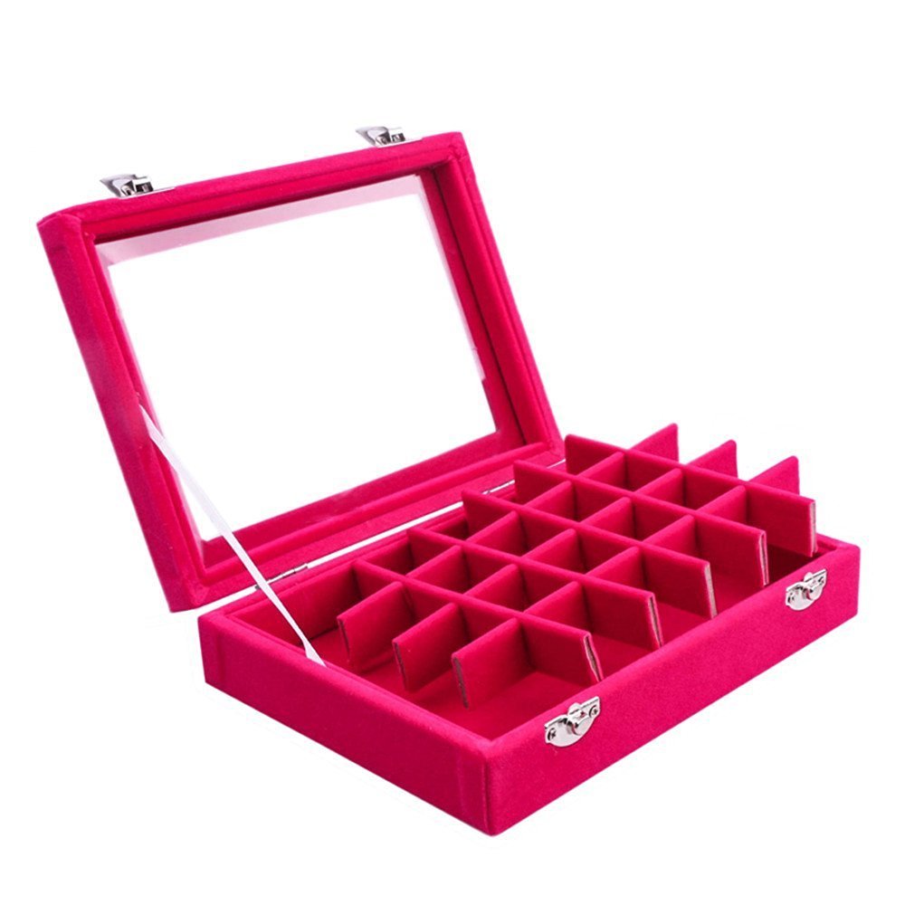 Novadeal 24 Grids PU Velour Leather Multipurpose Jewellery Storage Box Ring/Earrings/Necklace Tray Display Case Organizer - Pink