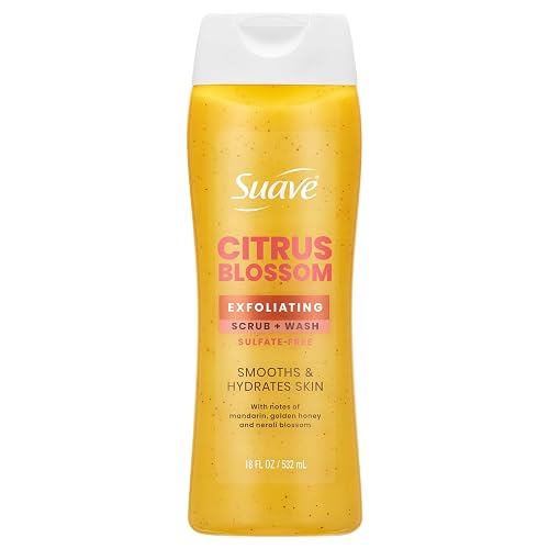 Suave Citrus Blossom Exfoliating Body Wash & Scrub with Glycerin & Vitamin E, Sulfate-Free Hydrating Cleanser for Soft, Smooth Skin, 18 FL OZ
