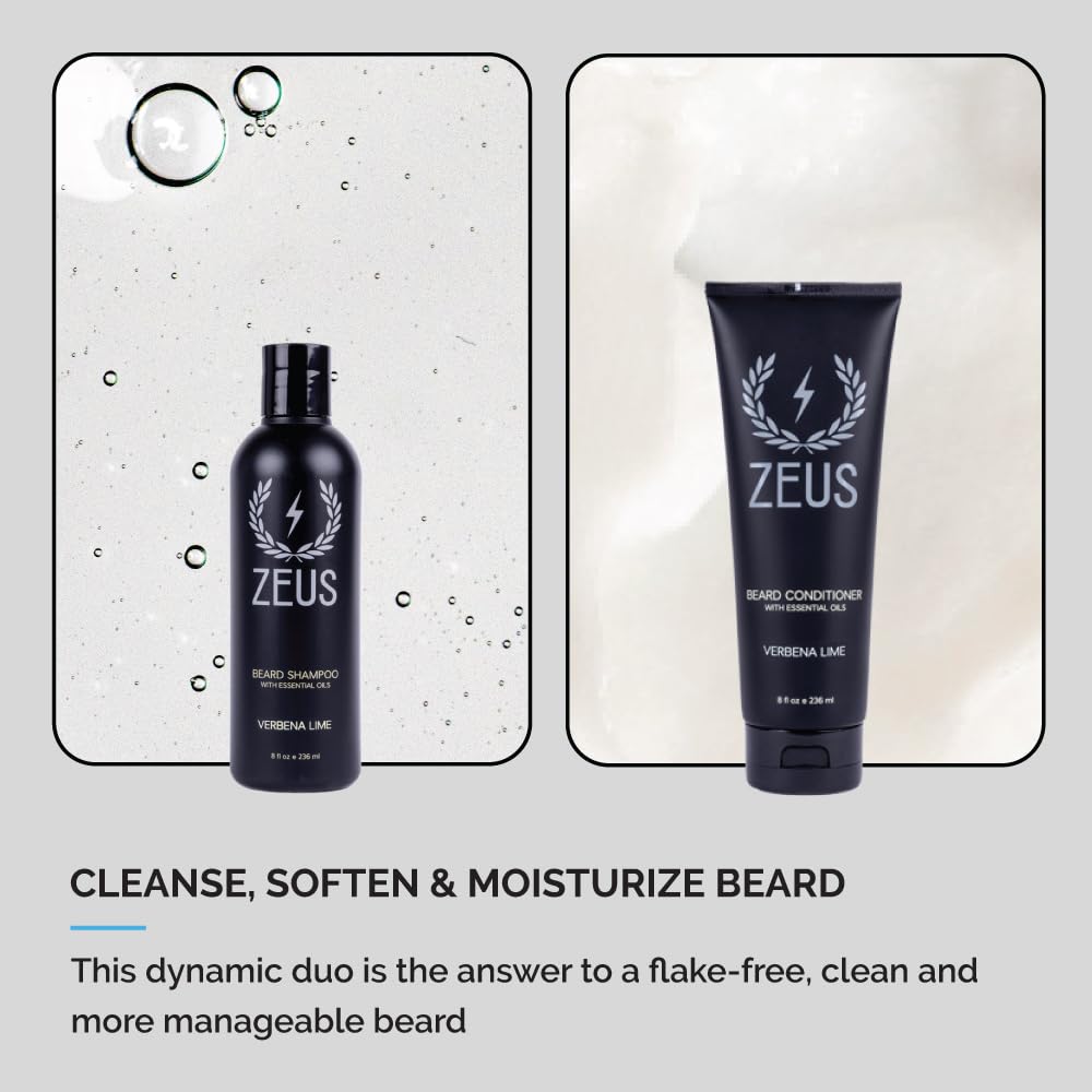 ZEUS Beard Wash Set for Men, Shampoo & Conditioner Duo with Green Tea & Essential Oils, Hydrates, Softens & Strengthens Beard Hair (Made in USA)