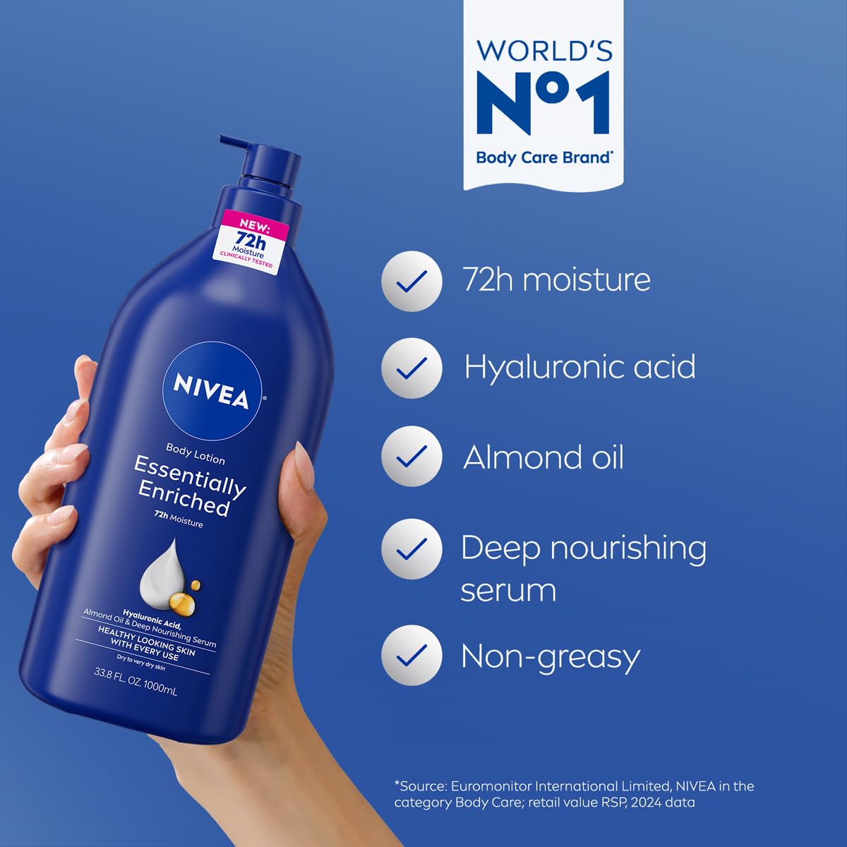 NIVEA Essentially Enriched Body Lotion for Very Dry Skin with Hyaluronic Acid, Almond Oil and Deep Nourishing Serum, 72-Hour Body Moisturizer, 33.8 Fl